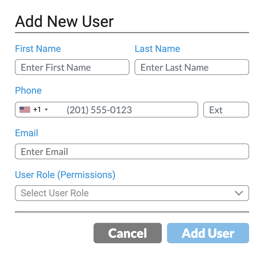 All fields, not including the extension, are required. The user role options would be either editor (if this person would need to add/edit GTINs) or viewer (if the person only access to view the GTIN assignments and download the UPC barcode files). Once the fields are filled in, click on the blue 'Add User' button. The system will send an email to this user so they can set up their own log in for the GTIN.cloud site.